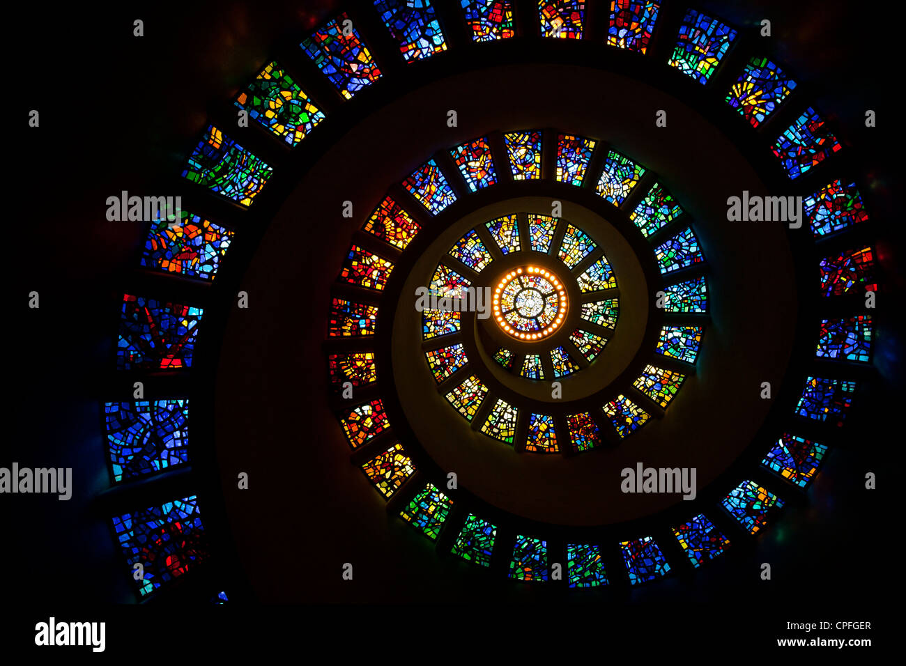 Spiral stained glass in the Thanksgiving Square Chapel. Dallas, Texas