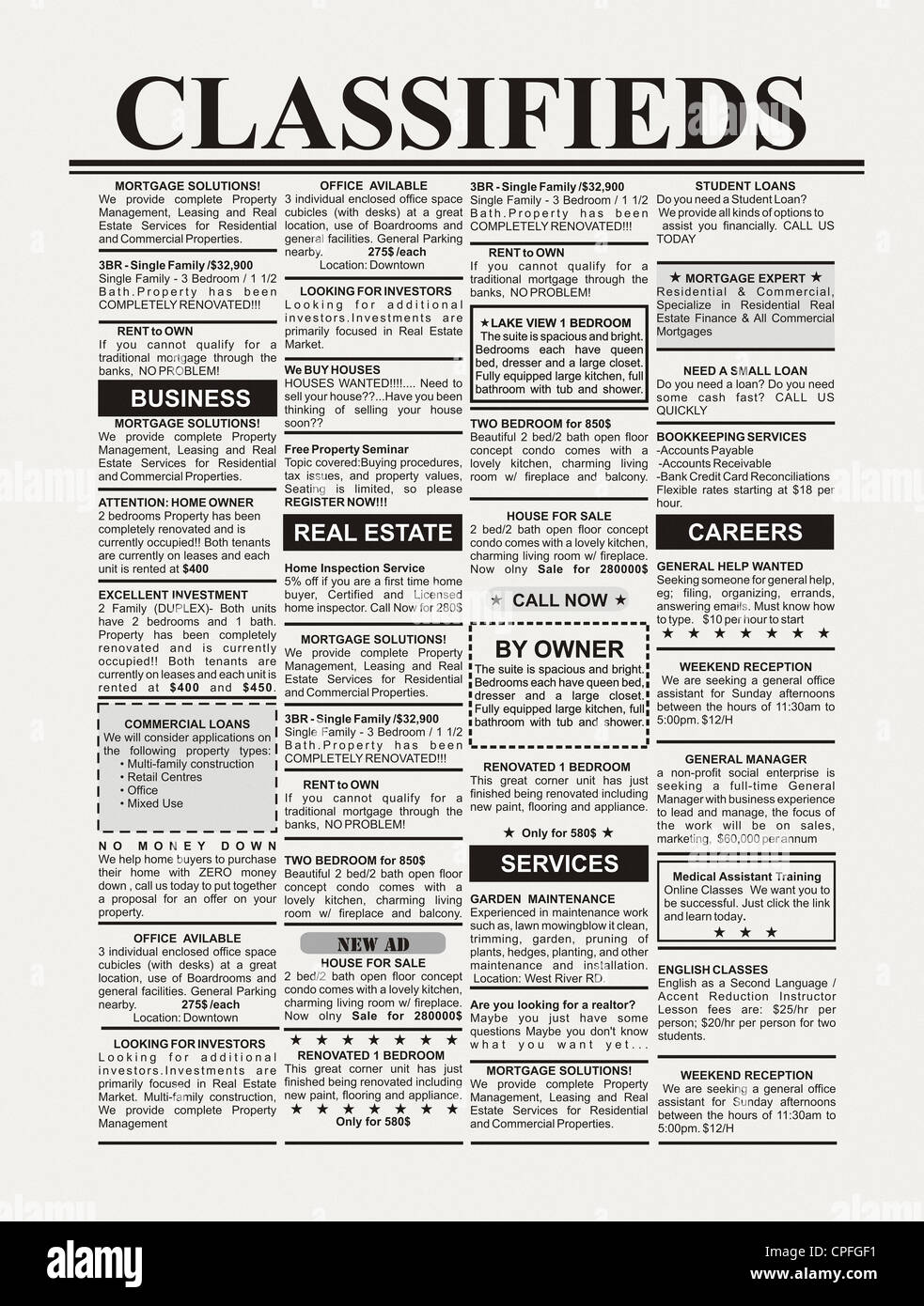 Fake Classified Ad Newspaper Business Concept Stock Photo Alamy