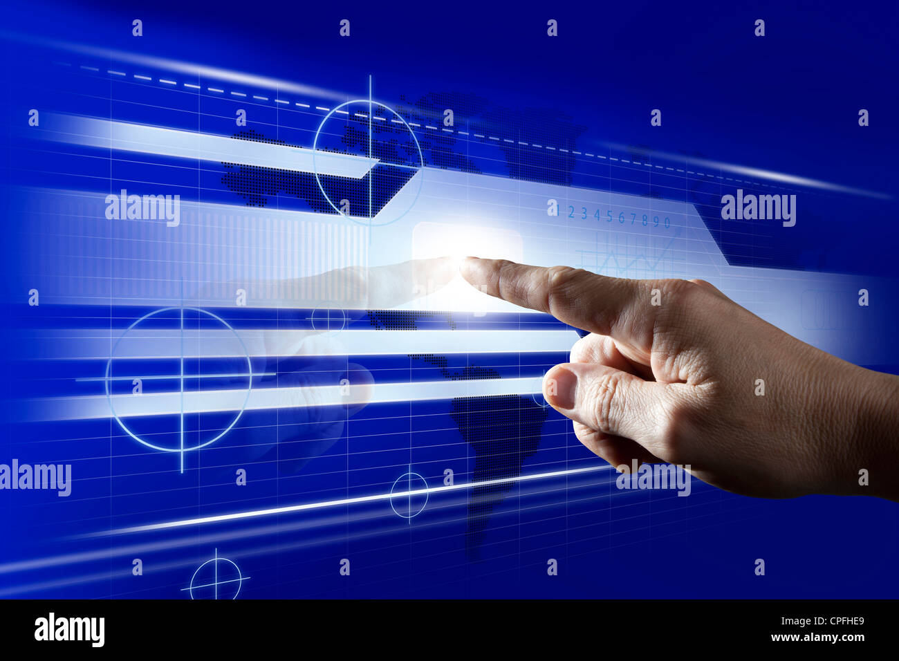 Finger Touching Blue Digital Touch Screen Stock Photo Alamy