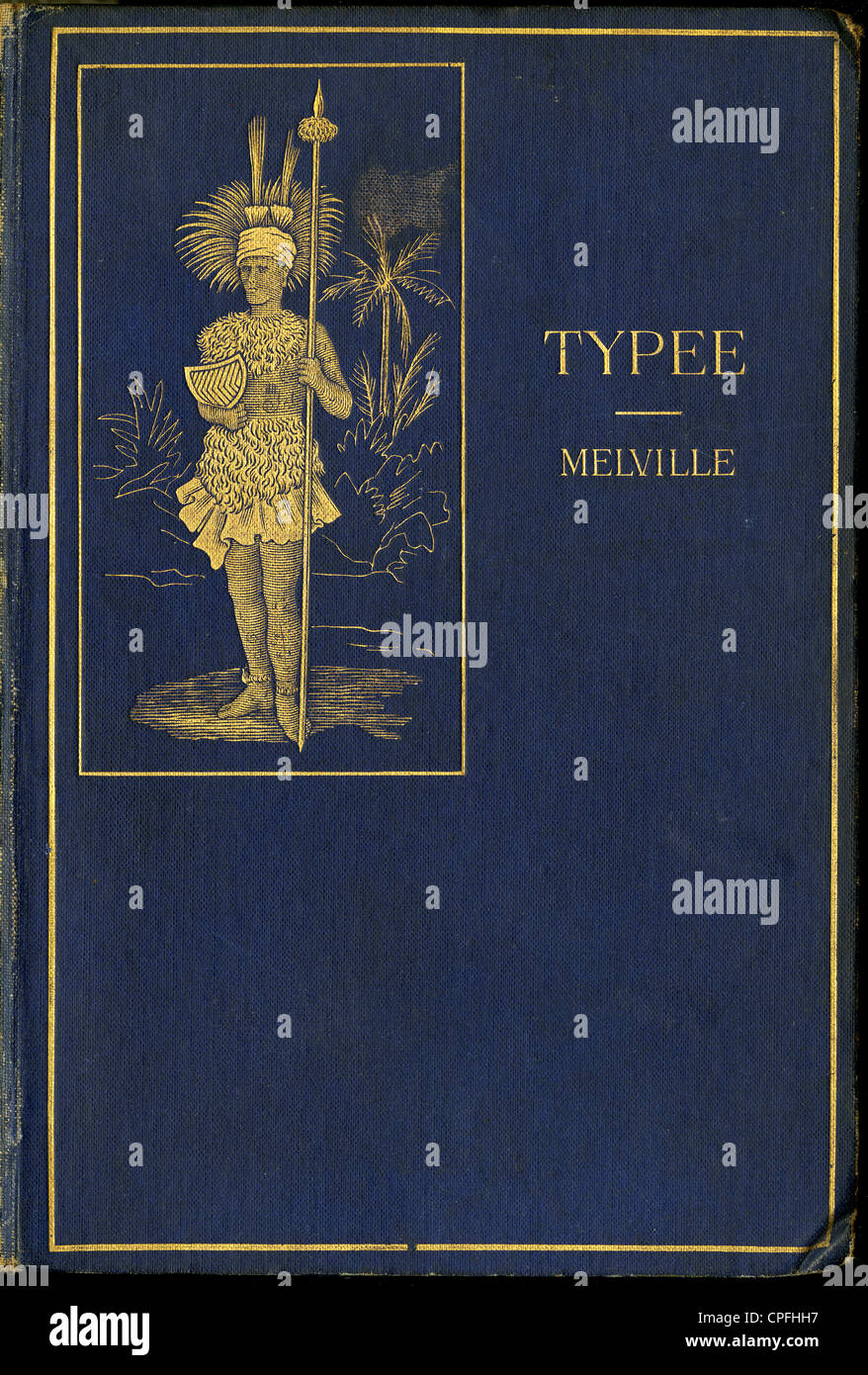 1893 edition of Herman Melville's Typee. The art shows a Marquesan Warrior. Stock Photo