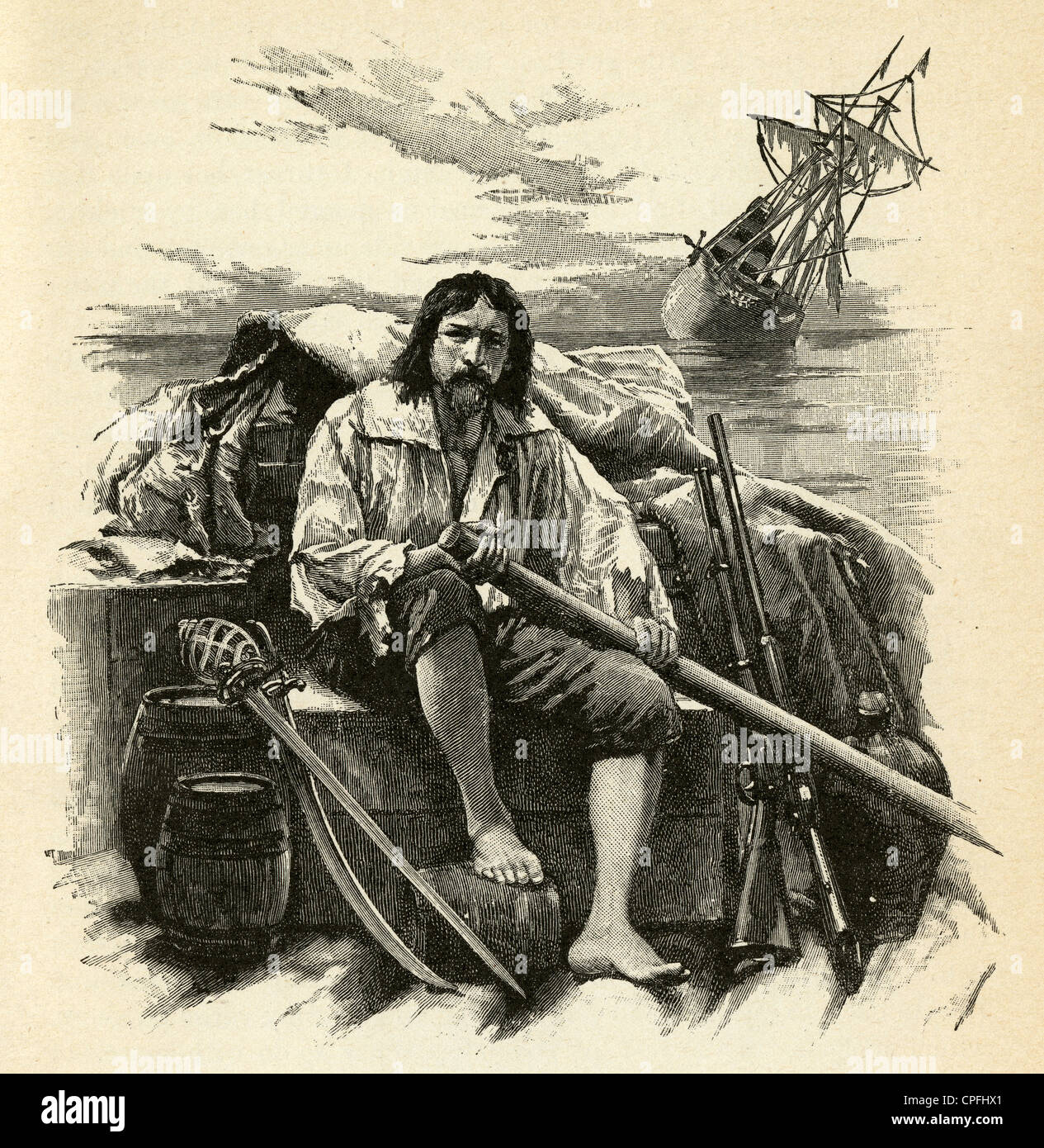 1910s engraving from Robinson Crusoe by Daniel Defoe: "With this cargo I put to sea." Illustrated by Walter Paget. Stock Photo