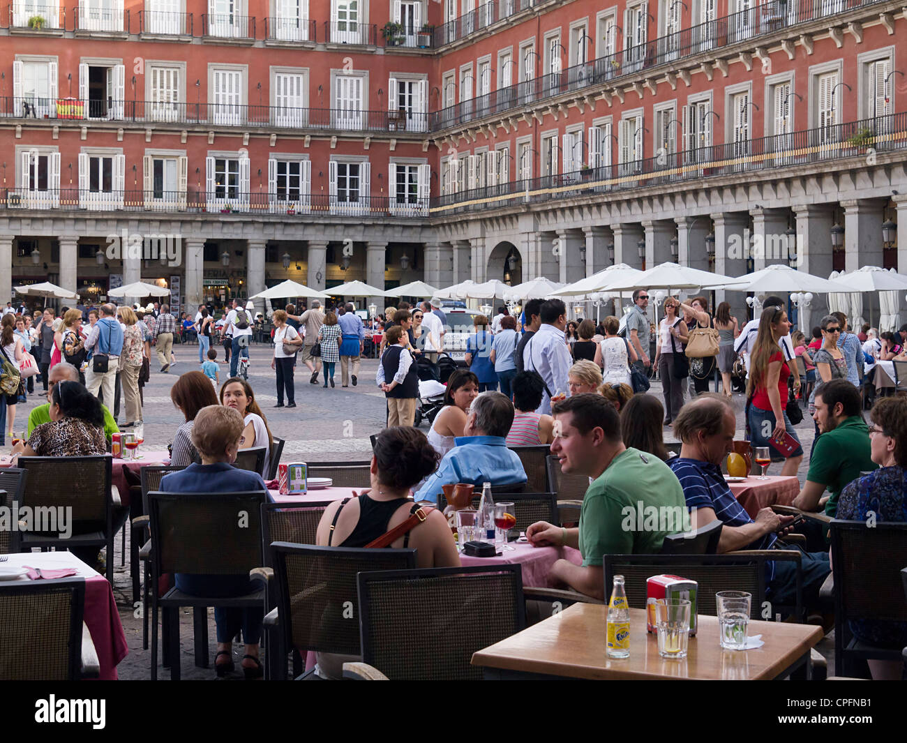 Sidewalk cafe at the Plaza Mayor in Madrid, Spain Stock Photo