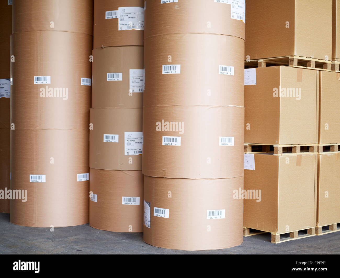 Stacked palettes at cardboard at a printing press in Malaysia. April 28