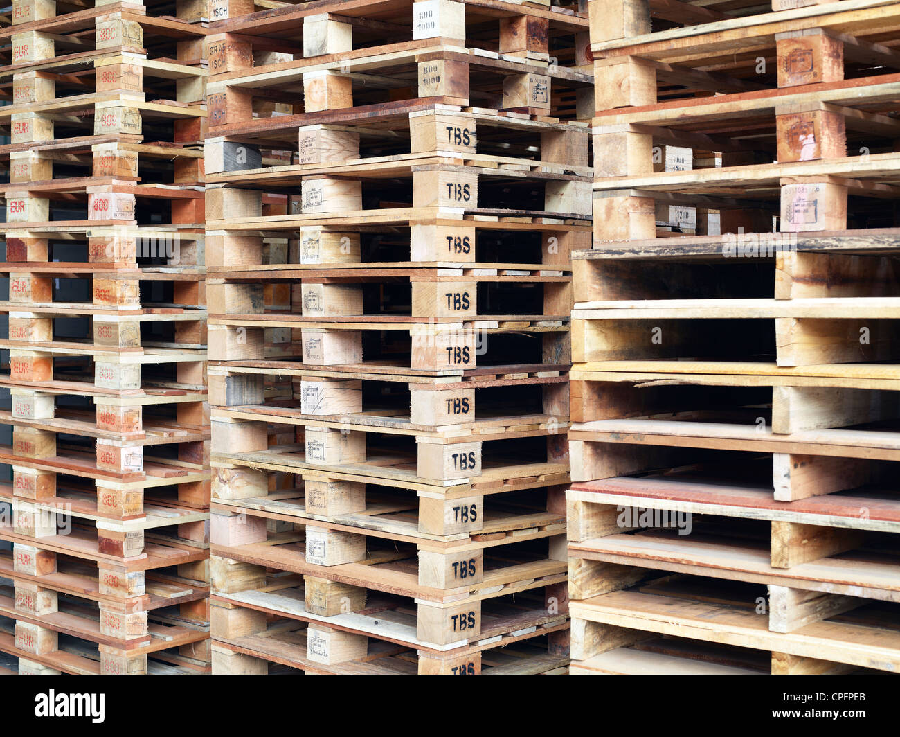 Stacked palettes at a printing press in Malaysia. April 28, 2011. Stock Photo