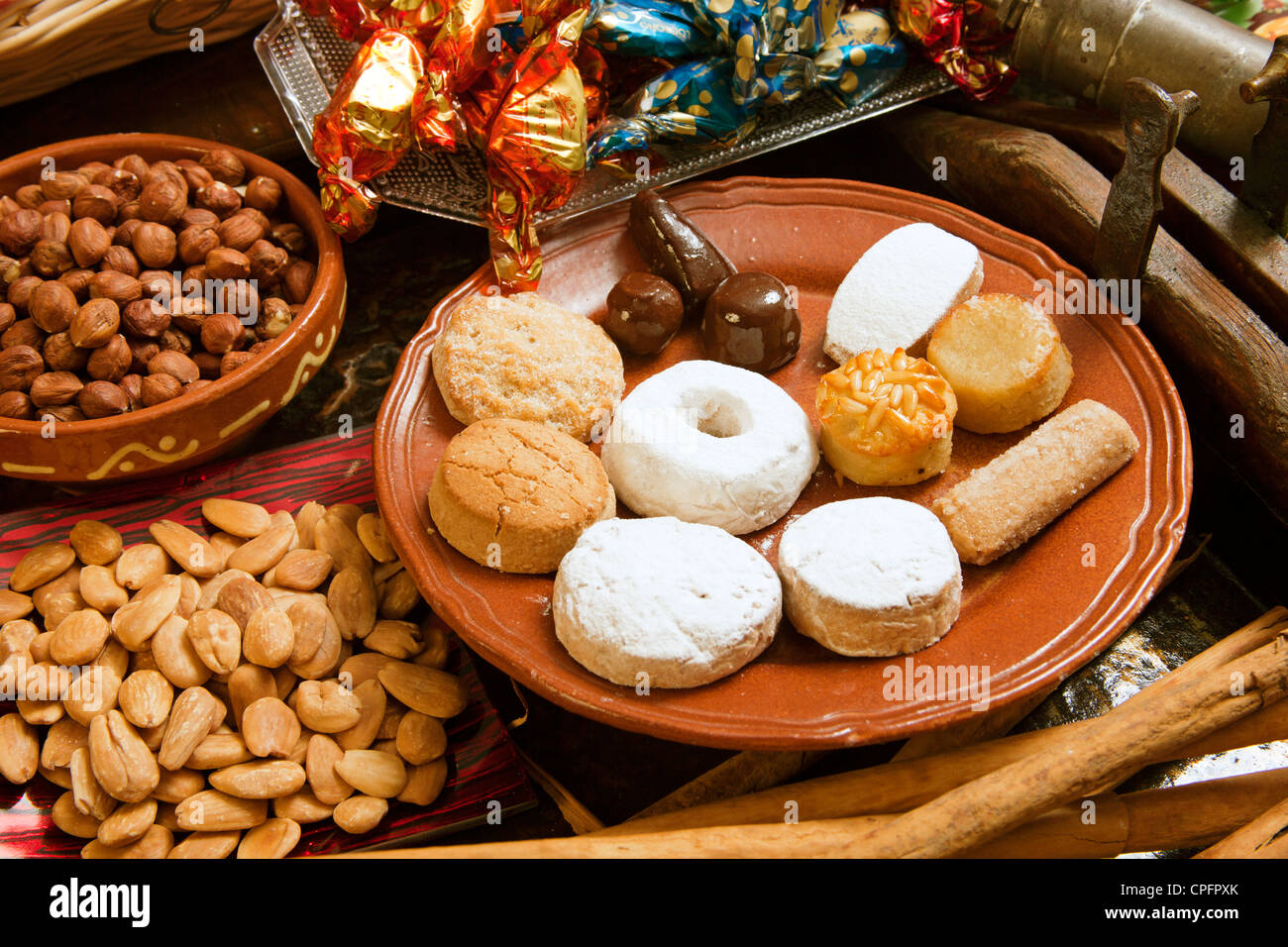 Traditional Christmas sweets roscos manrtecados polvorones La Antequerana in Antequera Malaga Andalusia Spain Stock Photo