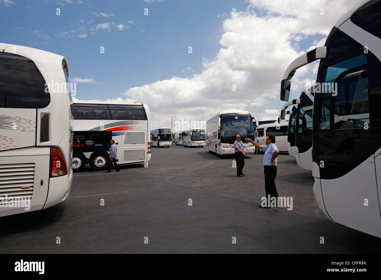 Tourist coaches in a coach park in Nikos Kazantzakis International Airport  in Heraklion Crete island Greece Stock Photo - Alamy