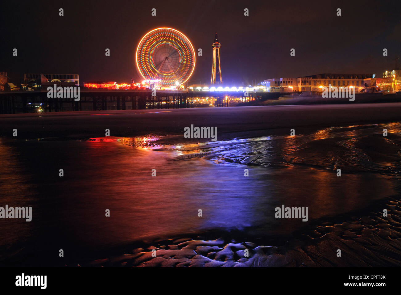 Central Pier and Blackpool Tower during Illuminations Blackpool England Stock Photo