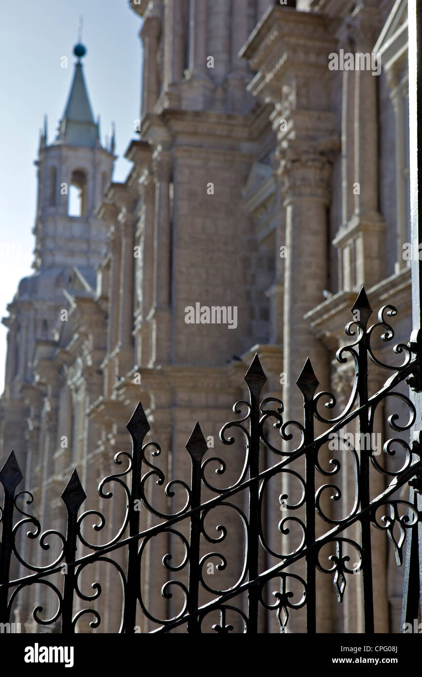 Black iron gate infront Arequipa Cathedral (la catedral), Plaza de Armas, Arequipa, Peru Stock Photo