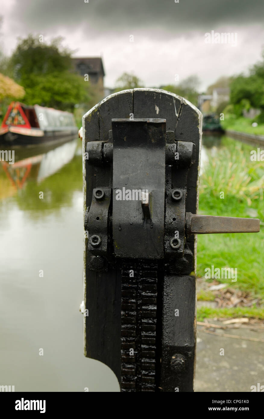 Close up of canal lock gate winch mechanism on the Grand Union Canal