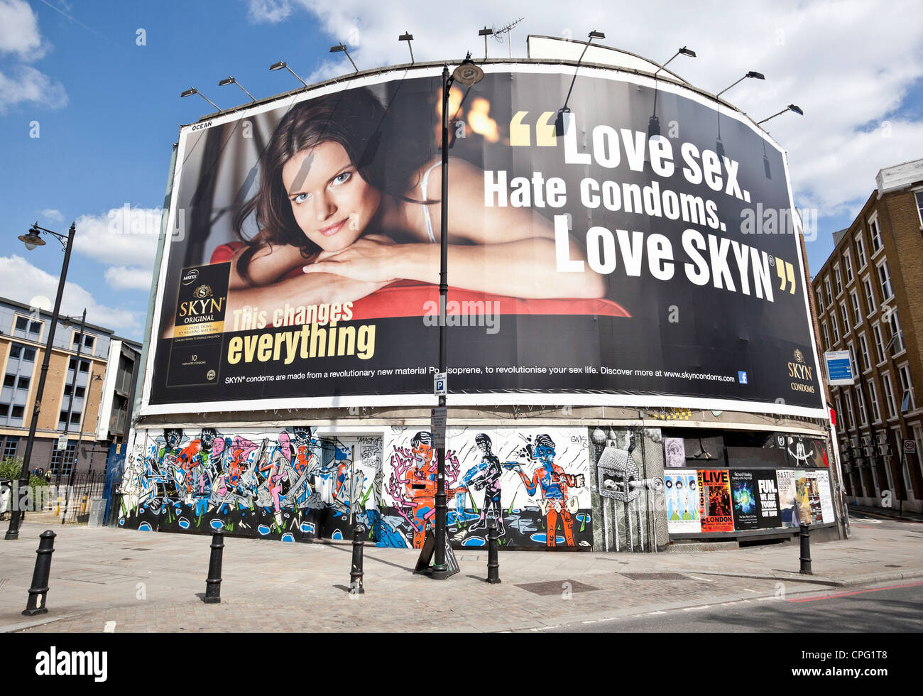 Giant billboard advertising condoms, Old Street, Shoreditch, London, England, UK Stock Photo