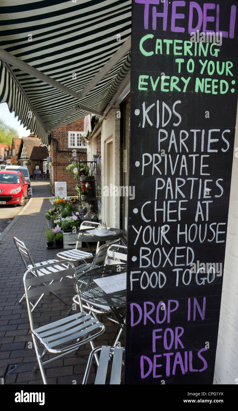 Blackboard notice board outside a roadside café in Chalfont St Giles village Bucks UK Stock Photo