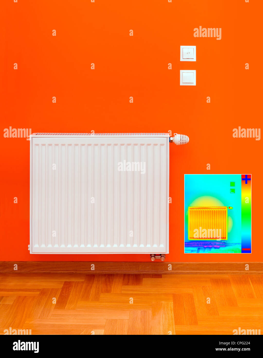 Thermal Image of Radiator Heater with Heat Loss Stock Photo