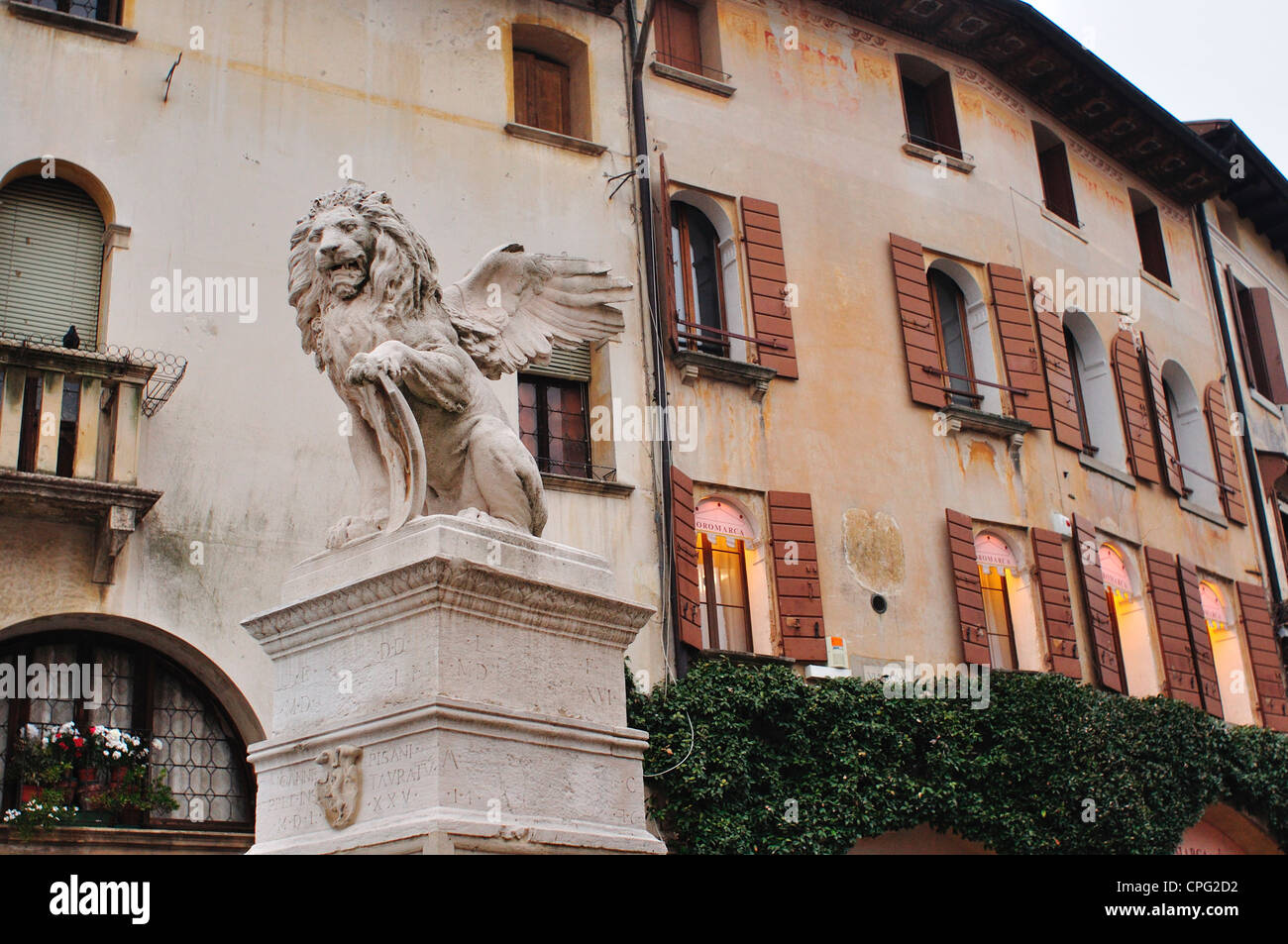 Italy, Veneto, Asolo, Fountain, Statue of a Winged Lion Stock Photo