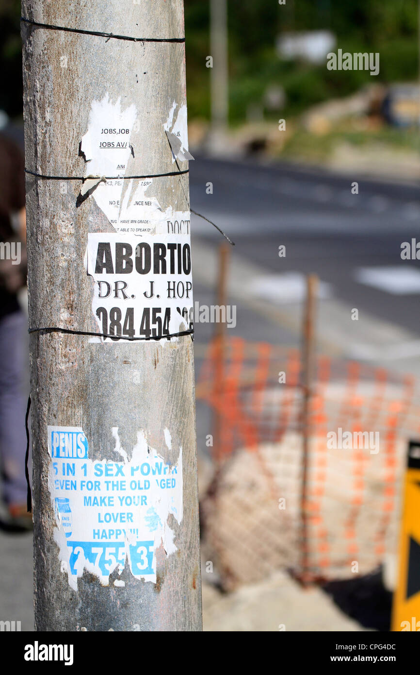 Abortion advertisement on a lamp pole in Hout Bay, Western Cape. Stock Photo