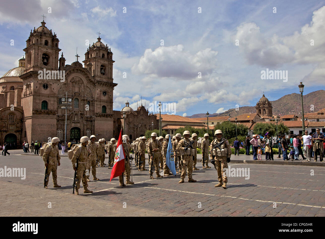A military parade on the streets of Cusco, Peru Stock Photo