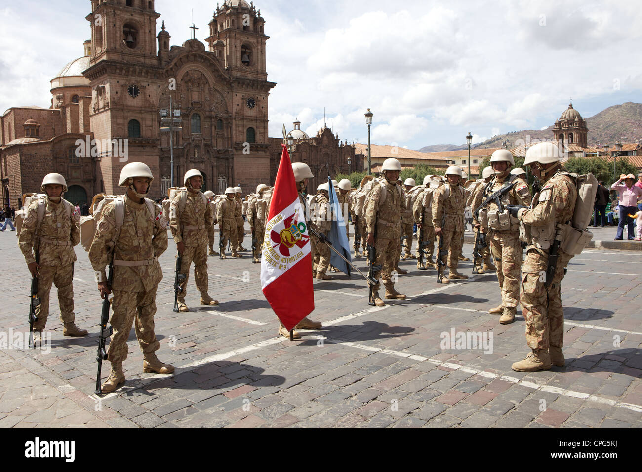 A military parade on the streets of Cusco, Peru Stock Photo