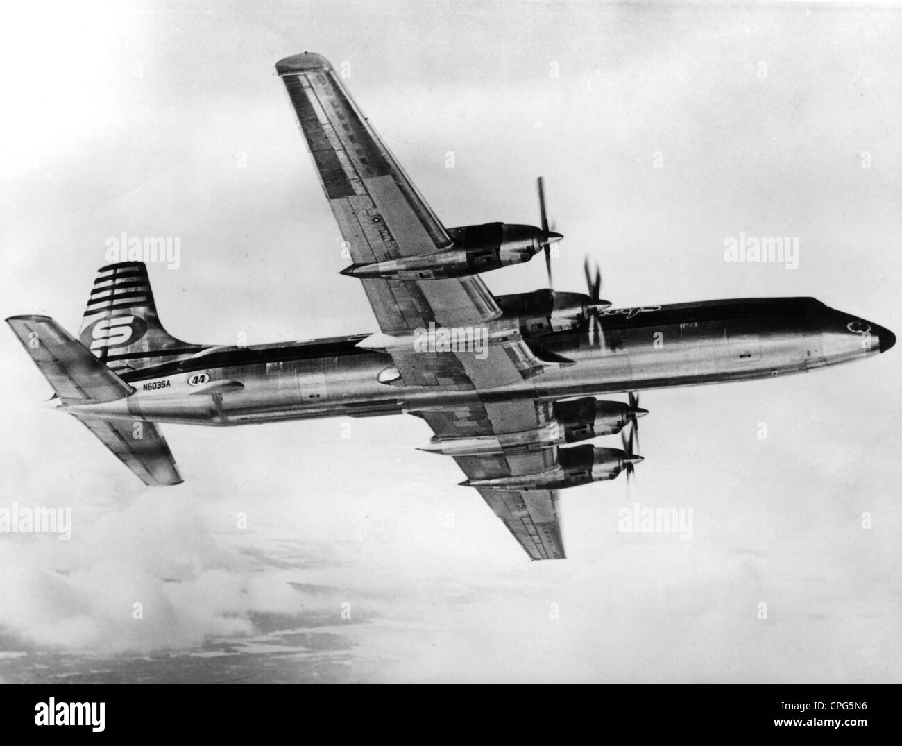 transport / transportation, aviation, transport aircraft, Canadair 44, 1962, 1960s, 60s, 20th century, historic, historical, transport aircraft, transport plane, transport, transport aircraft, transport planes, transports, airplane, aeroplane, plane, airplanes, aeroplanes, planes, propeller plane, propeller-driven aircraft, air freighter, flight, flights, flying, Additional-Rights-Clearences-Not Available Stock Photo