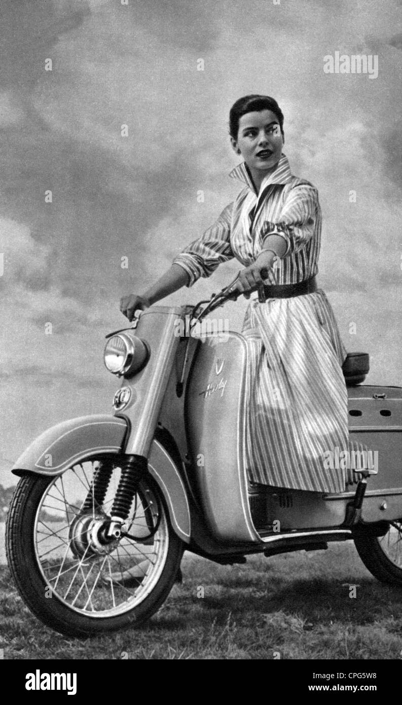 transport / transportation, motorcycle, Auto Union, young woman with DKW Hobby motor scooter, 1954, Additional-Rights-Clearences-Not Available Stock Photo