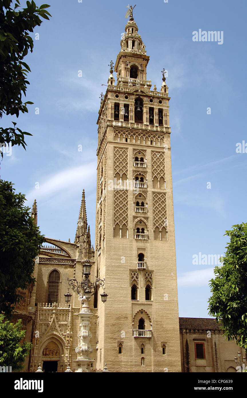 Spain. Andalusia. Seville. View of the Giralda tower. 12th century. Almohad period. Stock Photo