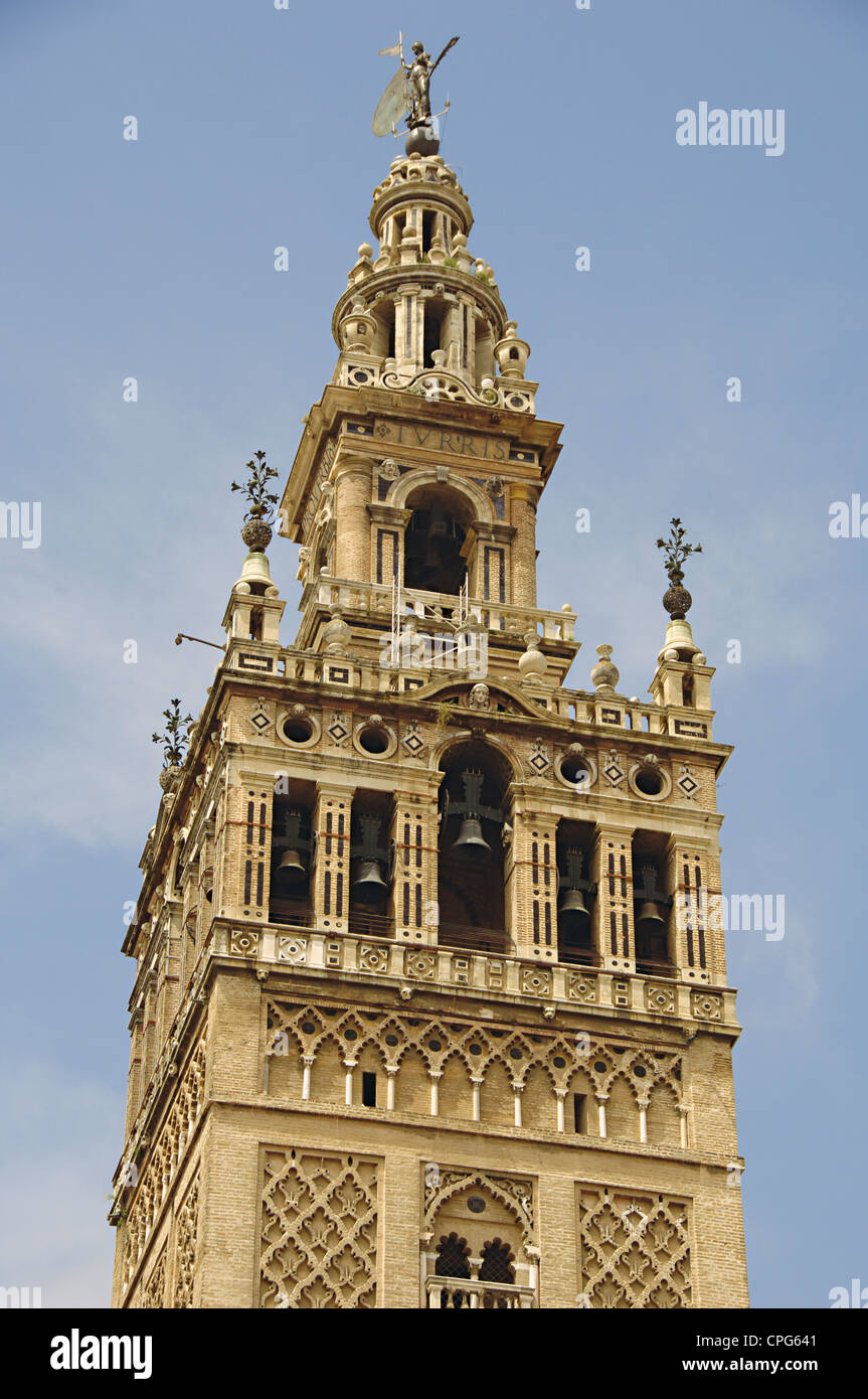 Spain. Andalusia. Seville. View of the Giralda tower. 12th century. Almohad period. Stock Photo