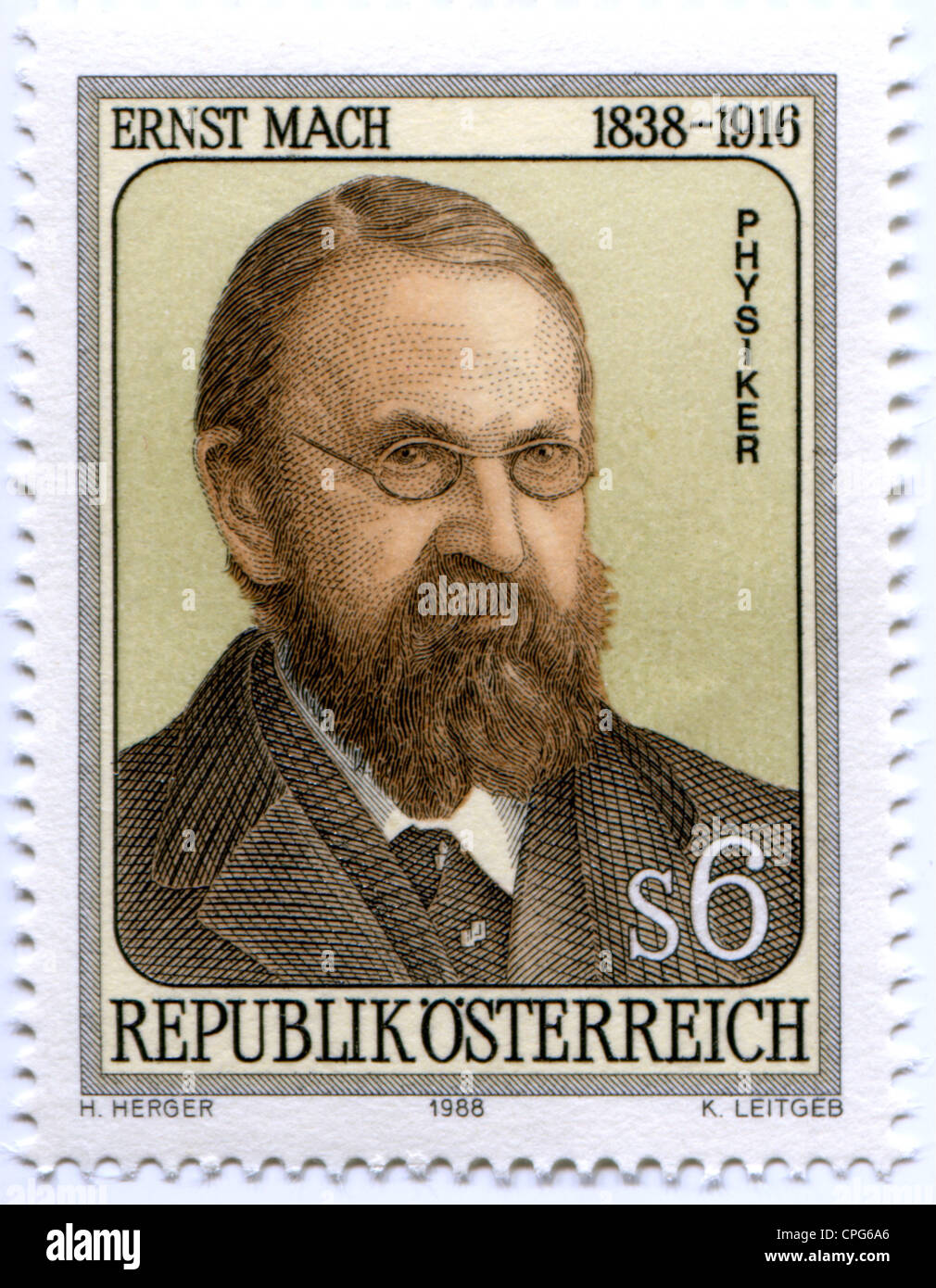 Mach, Ernst, 18.2.1838 - 19.2.1916, Austrian scientist (physicist), philosopher, portrait, on 6 shilling postage stamp, Republic of Austria, 1988, Stock Photo