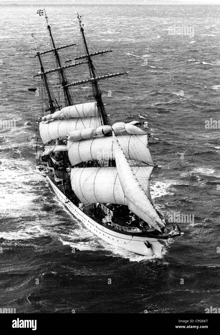 military, Germany, Bundeswehr, Navy, sailing school ship "Gorch Fock" (1958), with reefed sail on sea, areal view, circa 1990, Additional-Rights-Clearences-Not Available Stock Photo