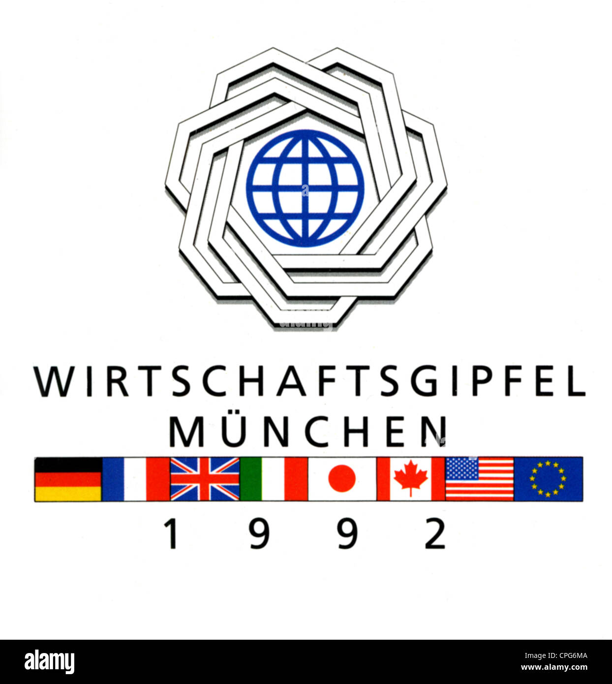 politics, conferences, G7 Summit, Munich, 6.7.- 9.7.1992, emblem, sticker, logo, flags, Germany, France, Great Britain, Italy, Japan, Canada, USA, European Union, world economy, meeting, G-7, Germany, 1990s, 20th century, historic, historical, NOT, Additional-Rights-Clearences-Not Available Stock Photo