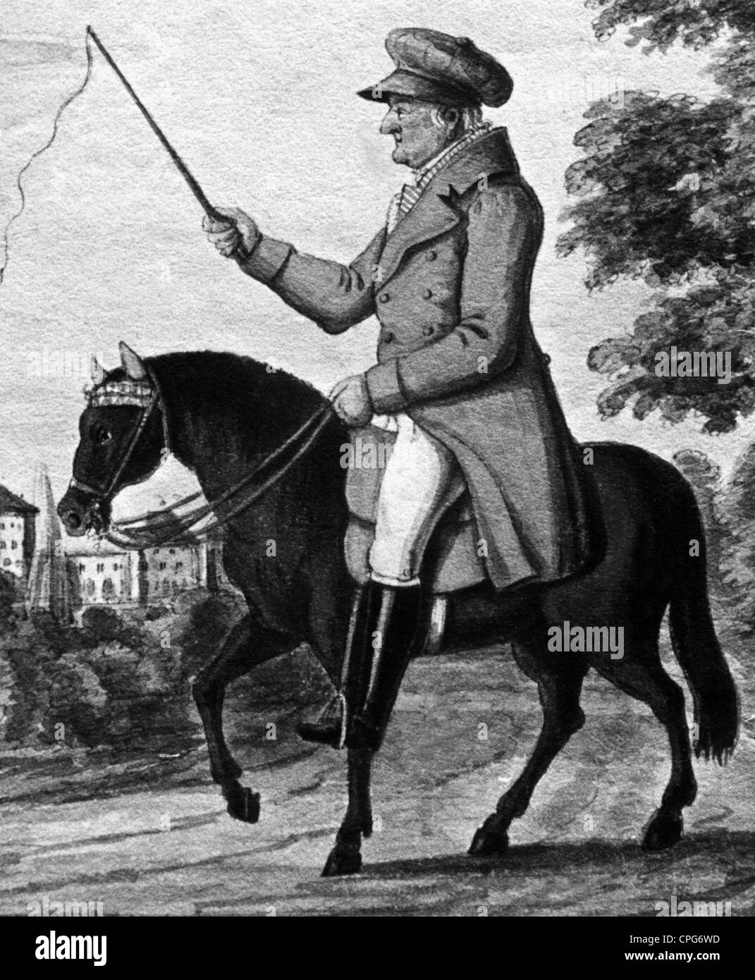 Pranger, Georg, 1798 - 1876, Bavarian jester, profile, sitting on horse, with horsewhip, 19th century, Stock Photo