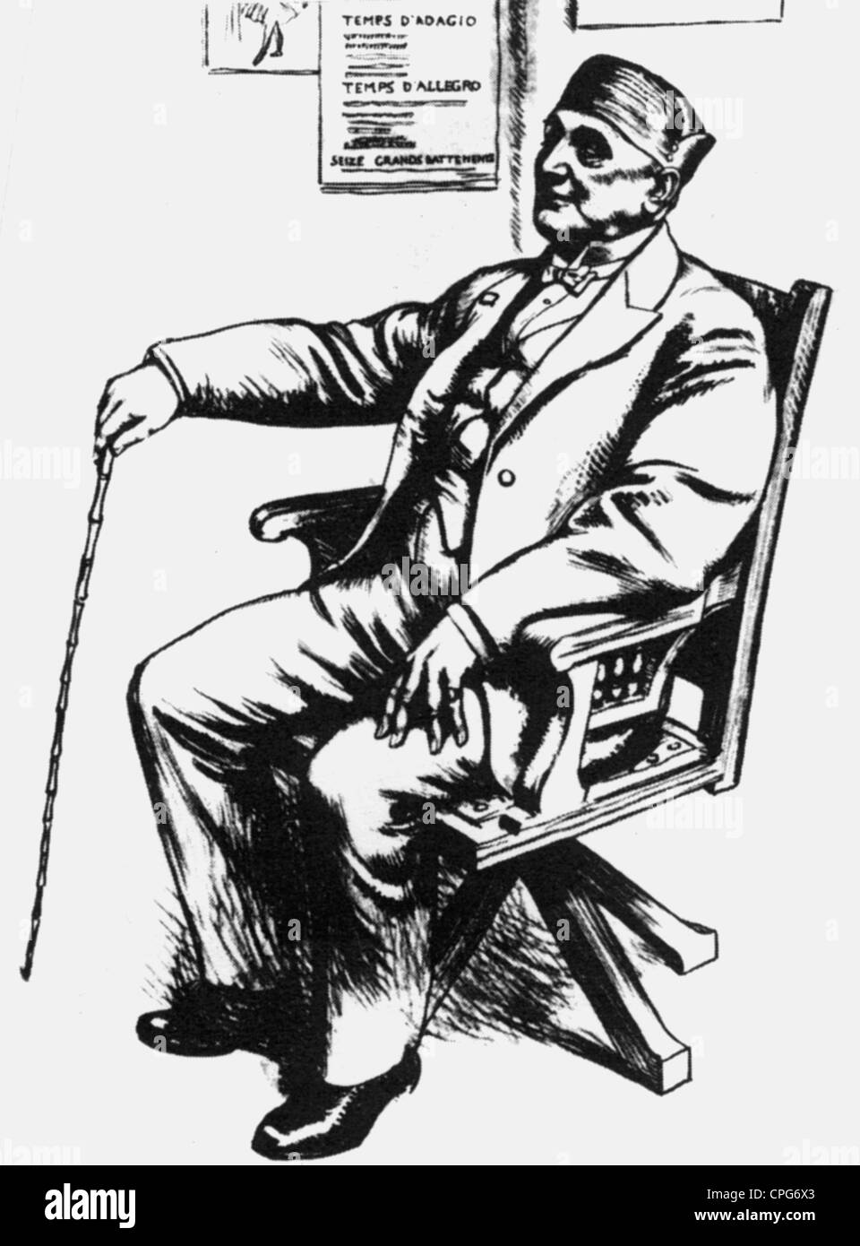 Cecchetti, Enrico, 21.6.1850 - 13.11.1928, Italian dancer, pedagogue, full length, sitting in the chair with cane, sketch, drawing, 20th century, Stock Photo