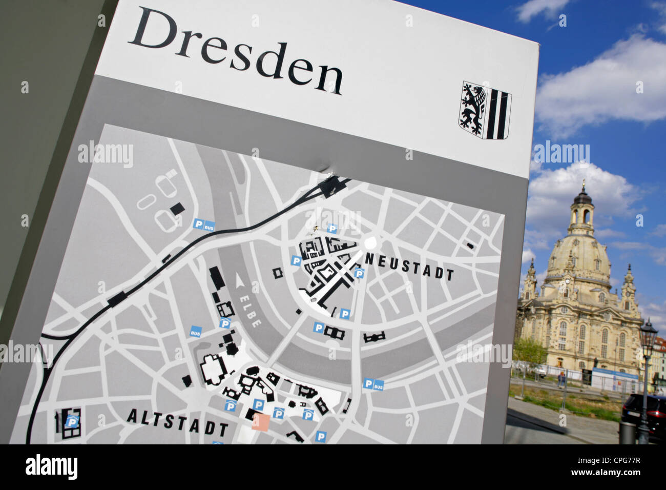 Tourist map and Church of Our Lady or Frauenkirche in Dresden's Altstadt, Saxony, Germany. Stock Photo