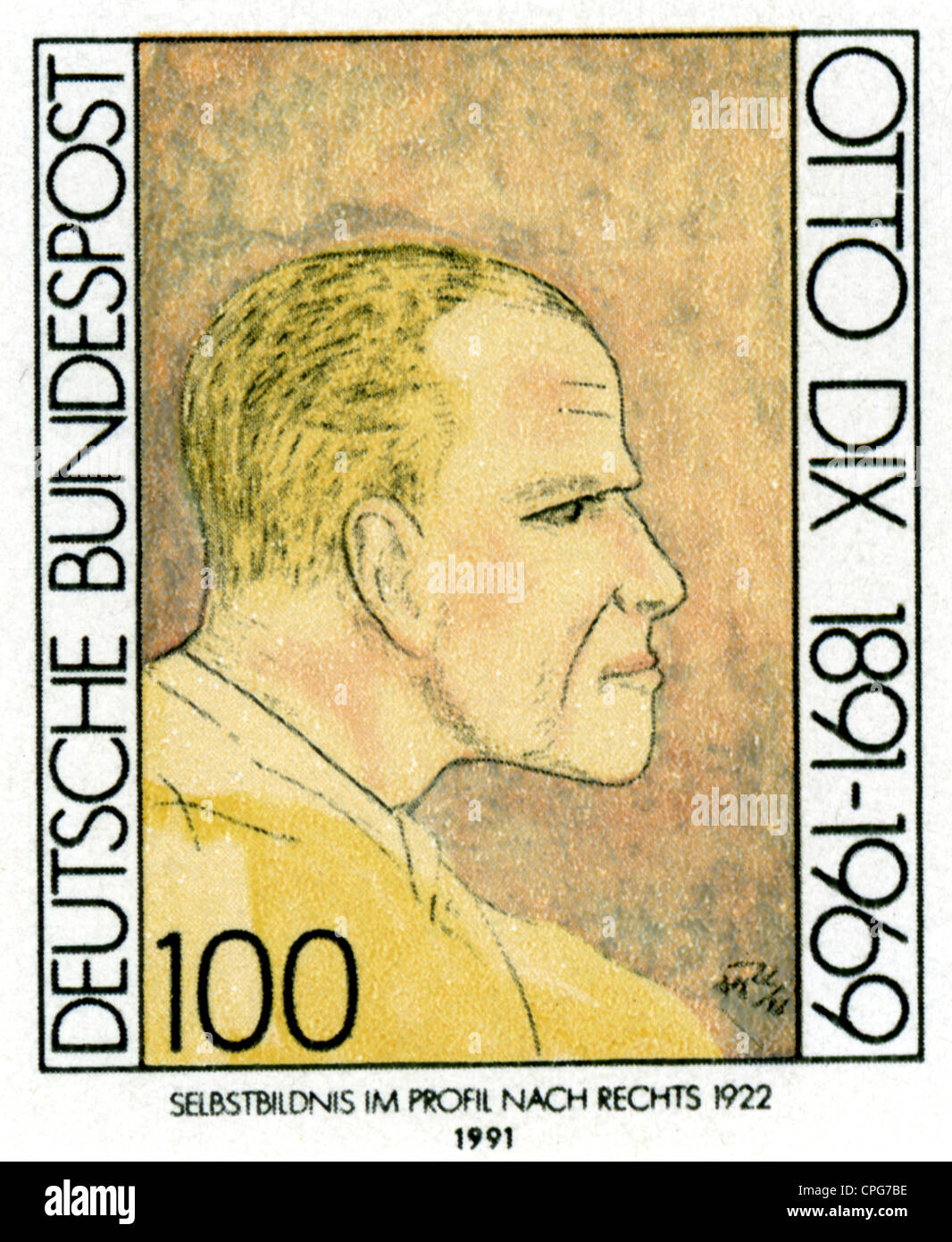 Dix, Otto, 2.12.1891 - 25.7.69, German artist (painter, graphic artist), portrait, stamps and rubber coating, published at 100th birthday, date of issue: 5.11.1991, postage stamps, painted white fluorescent stamp paper DP2, five-colour - Rakel - print, four block, layout: Lutz Lueders, Schoenwalde, out of a postage stamps series, Stock Photo