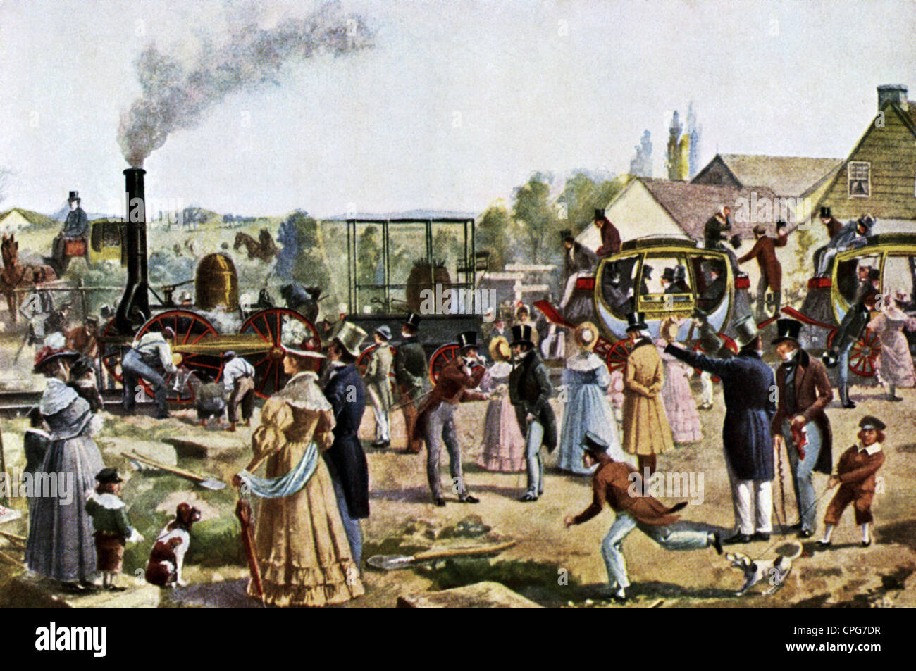 transport / transportation, railway, the first railway, passenger train on railroad line Stockton - Darlington, England, 27.9.1825, Additional-Rights-Clearences-Not Available Stock Photo