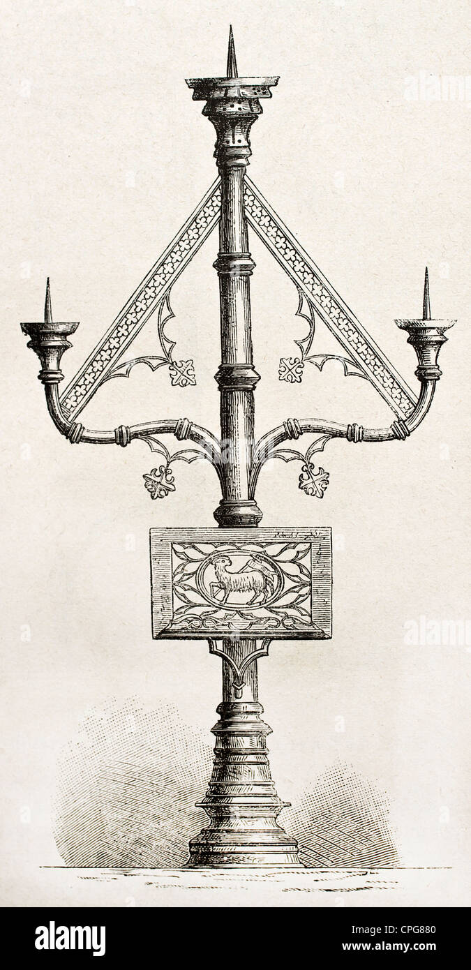 Three-branched candelabra kept in Sain-Vaast church, Gaurain, Belgium Stock Photo