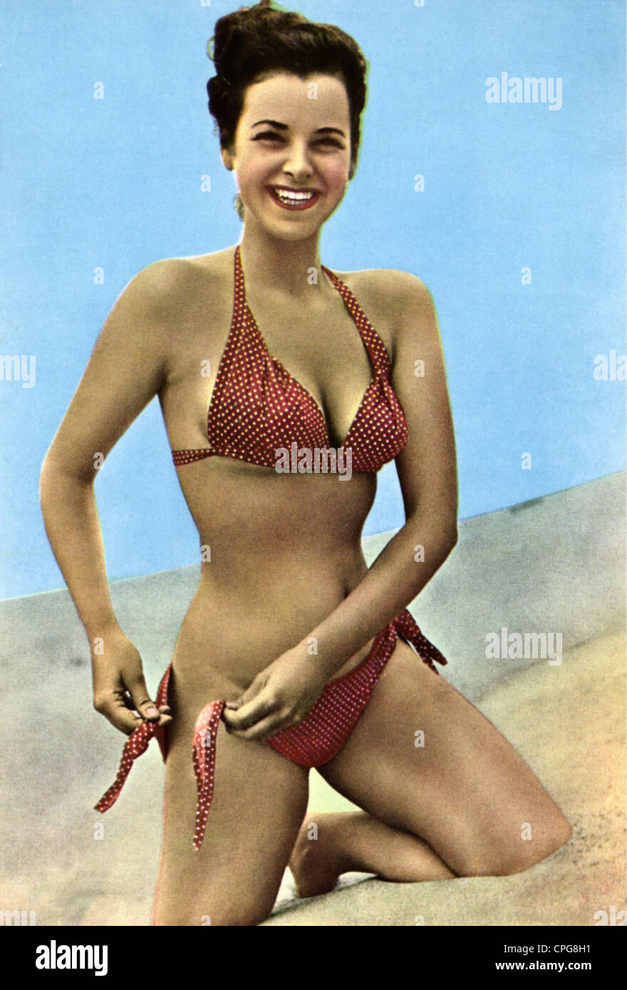 people, women, pin ups, woman sitting on the beach with bikini, postcard,  1950s, Additional-Rights-Clearences-Not Available Stock Photo - Alamy