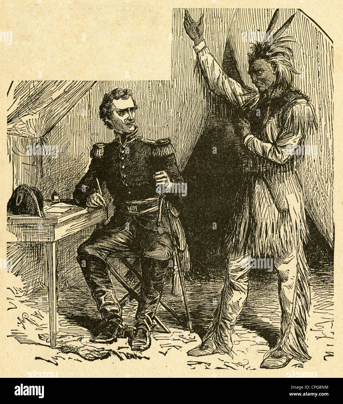 Circa 1900s engraving, the Indian chief Weatherford surrenders to General Jackson. Stock Photo