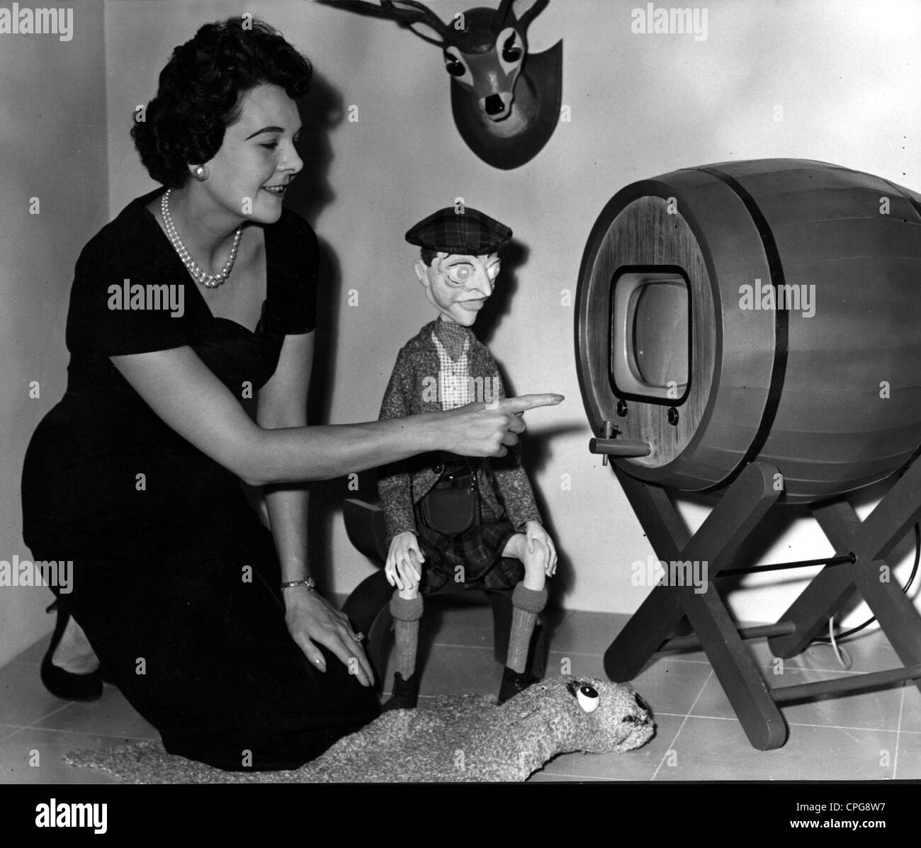 broadcast, television, small television set in beer barrel, 1958, Additional-Rights-Clearences-Not Available Stock Photo