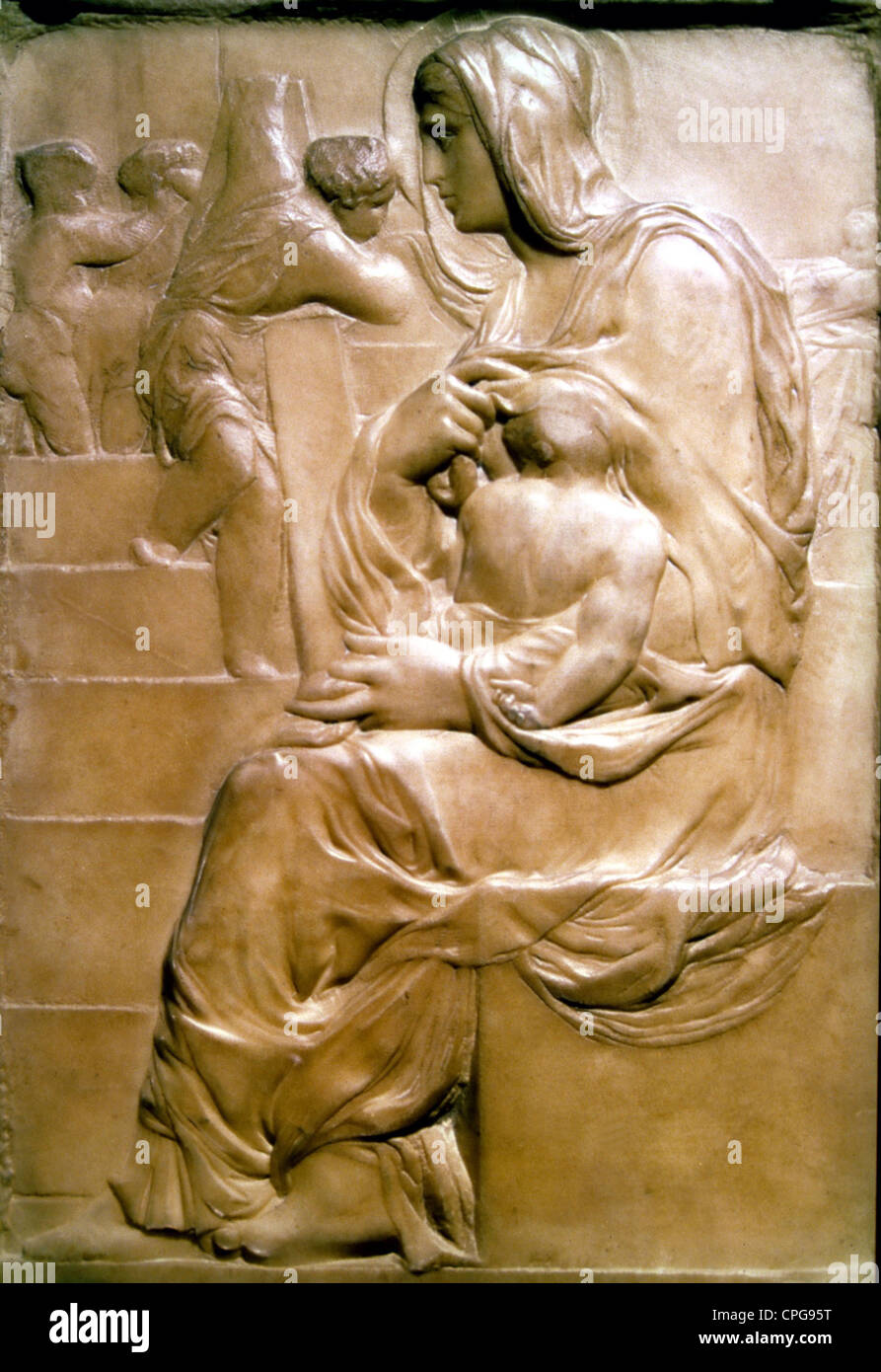 fine arts, Michelangelo Buonarroti (1475 - 1564), relief, 'Madonna della Scala' marble, 55.5 cm x 40 cm, circa 1490, Casa Buonar Stock Photo