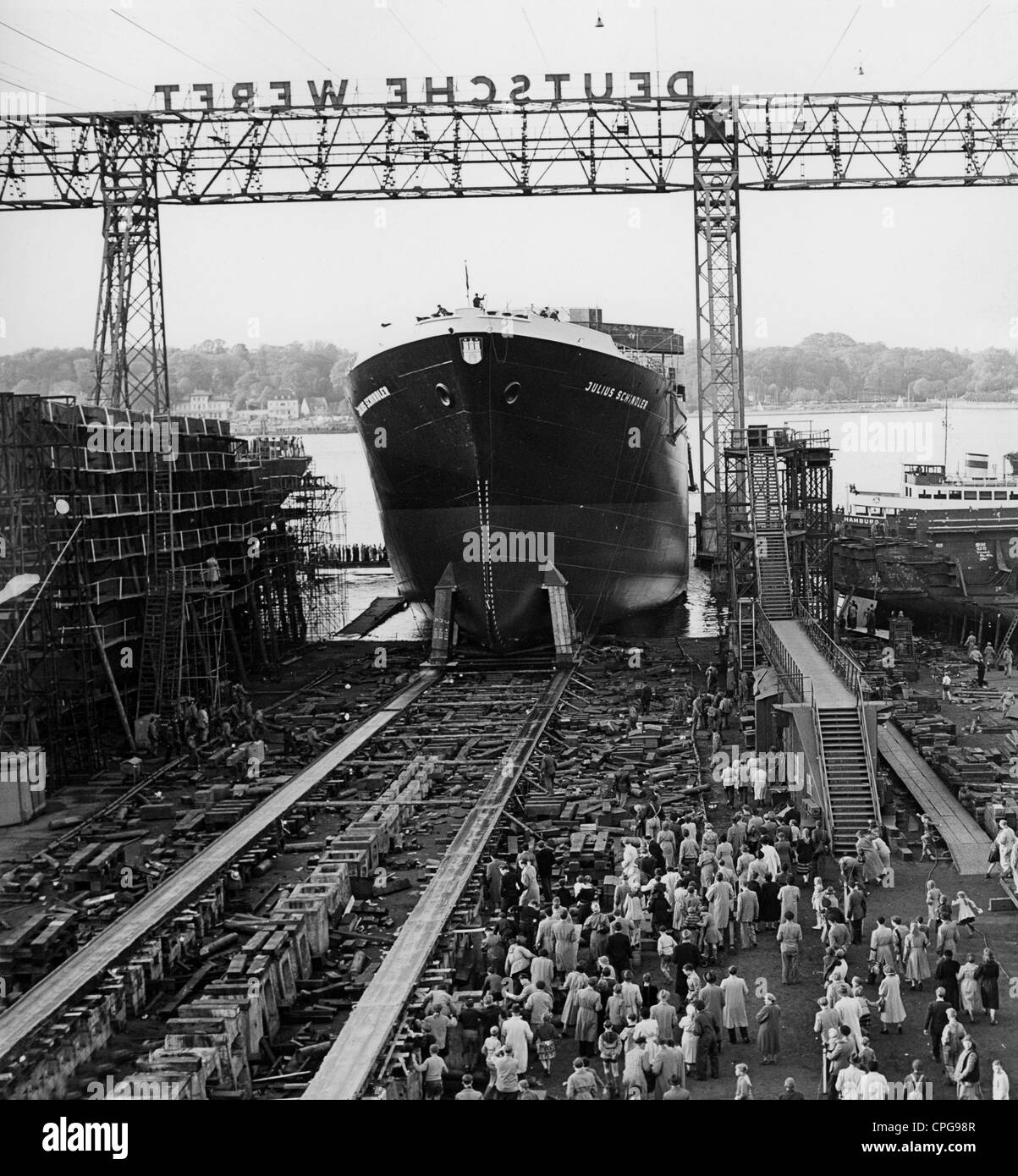 transport / transportation, navigation, ship, launching, launching of tanker 'Julius Schindler', Deutsche Werft, Hamburg, 1955, Additional-Rights-Clearences-Not Available Stock Photo