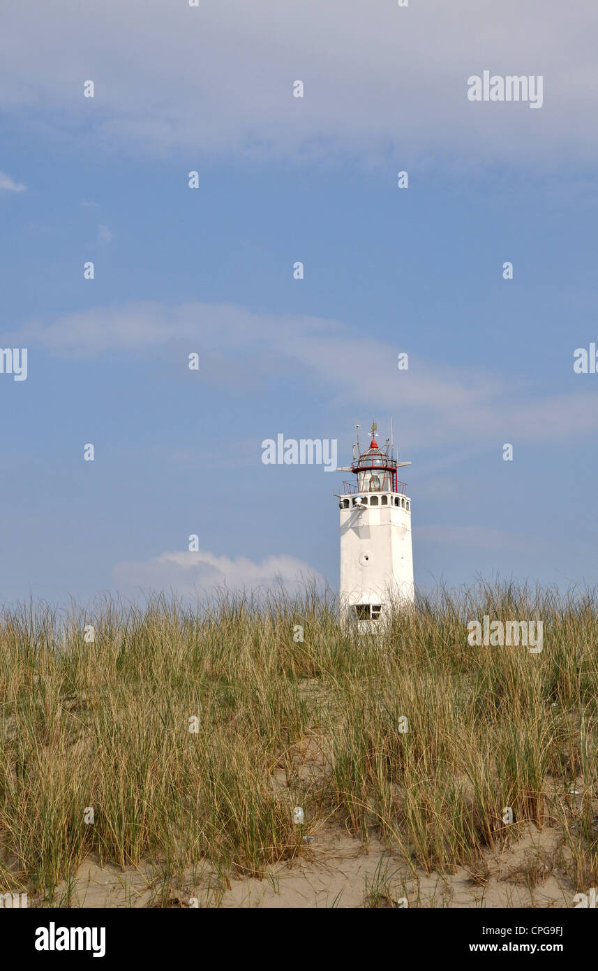 White lighthouse behind dunes, Noordwijk, Netherlands, Europe Stock Photo