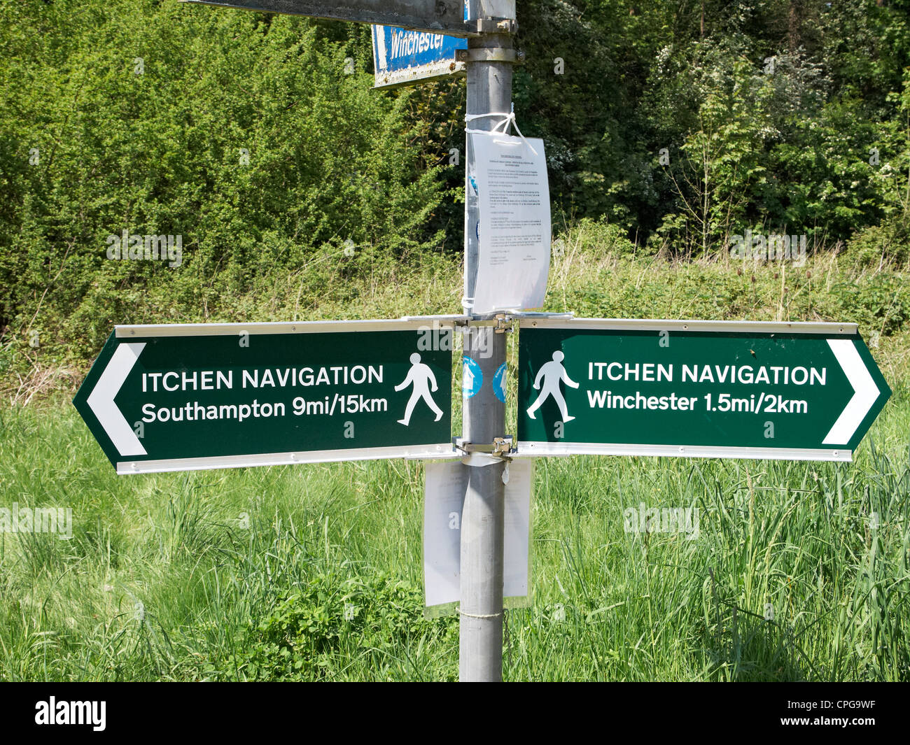 Signposts near Winchester showing directions for walking along the Itchen Navigation a semi-derelict canal in Hampshire. Stock Photo