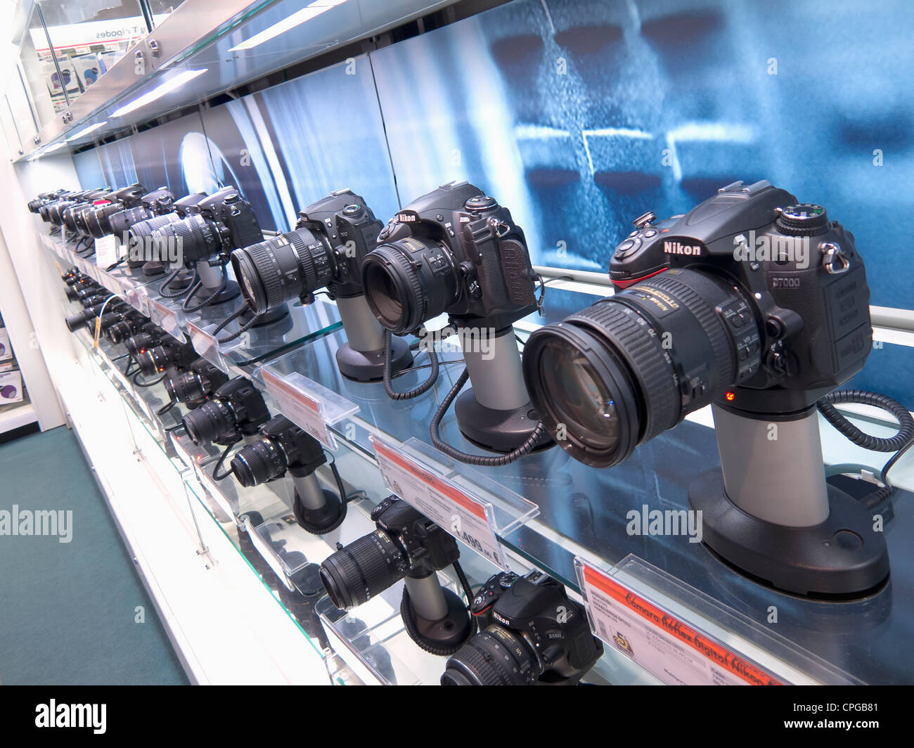 Rows of digital SLR cameras for sale in the FNAC outlet, La Cañada