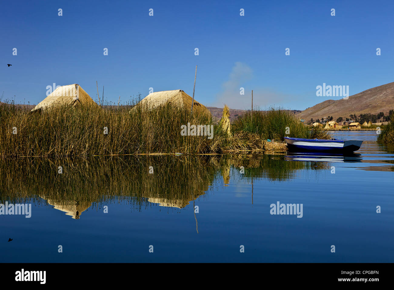 Floating islands of the Uros people, traditional reed houses and boat ...