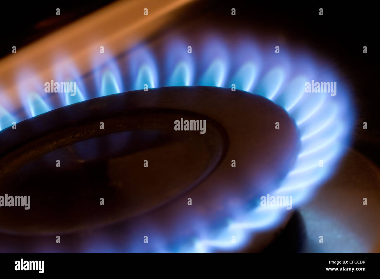 Gas flame on a kitchen hob Stock Photo