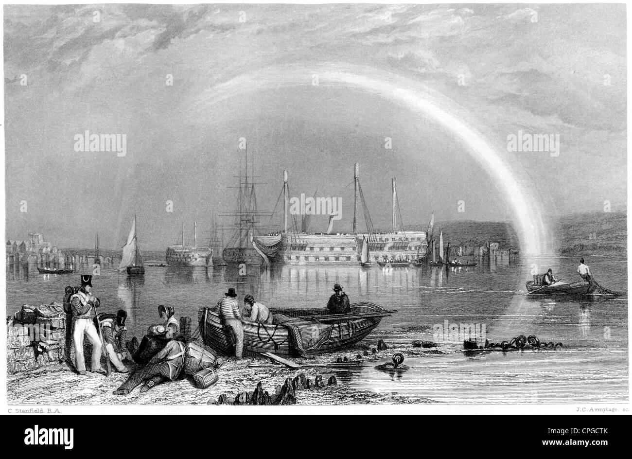 An engraving entitled ' Hamoaze, Plymouth ' scanned at high resolution from a book published in 1847. Stock Photo