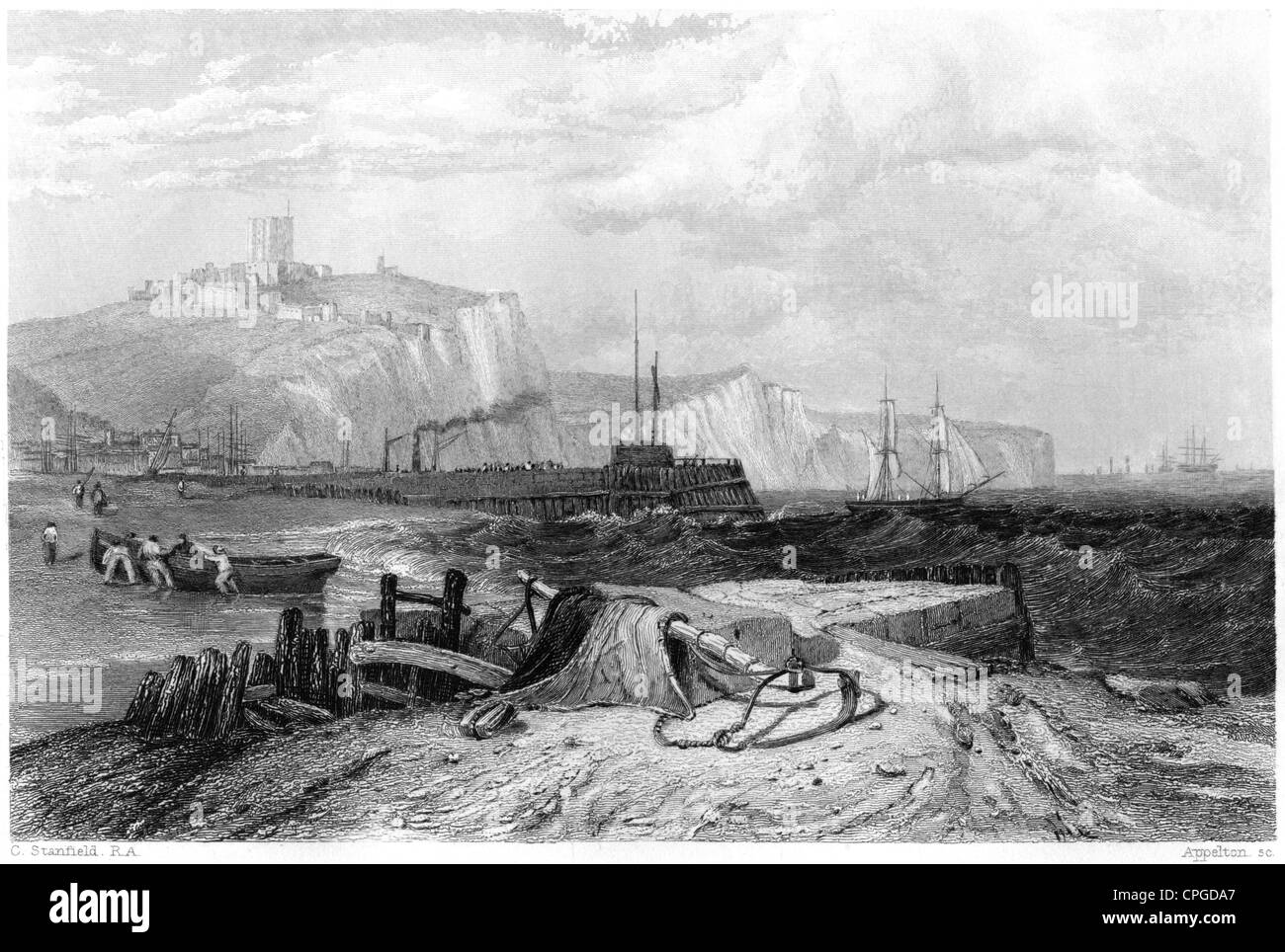 An engraving entitled ' Dover Pier ' scanned at high resolution from a book published in 1847. Stock Photo
