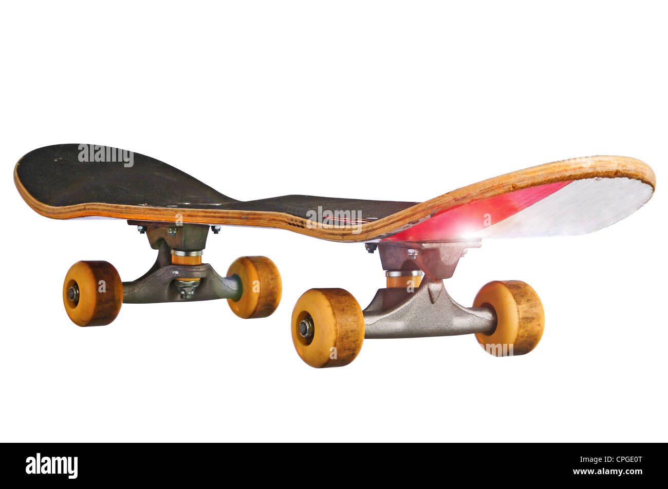 Skateboard at an oblique angle isolated with a clipping path so you can place it under your model. Stock Photo