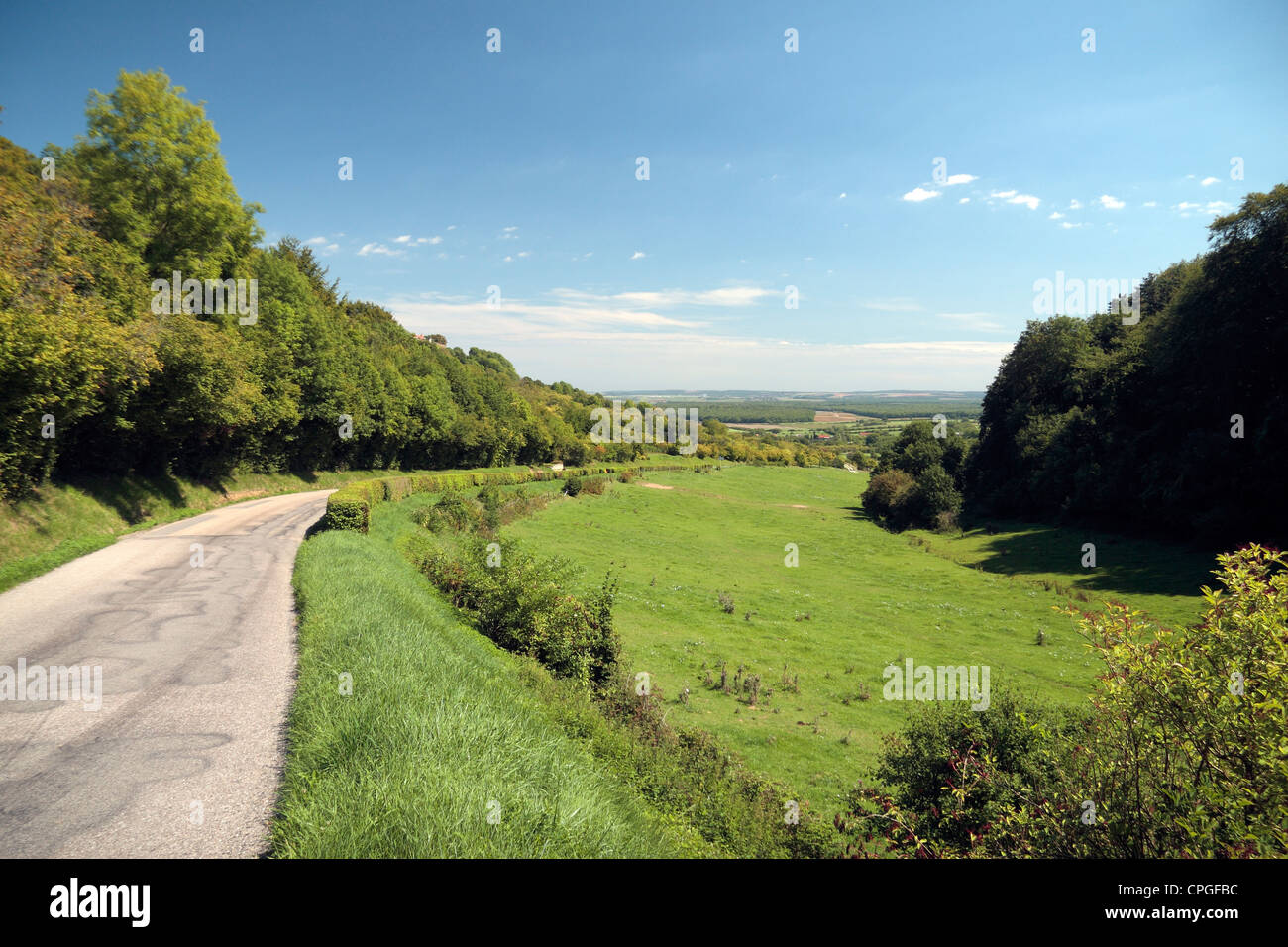 General view along D179 looking approx north-east leading into the small village of Vigneulles-lès-Hattonchâtel, France. Stock Photo