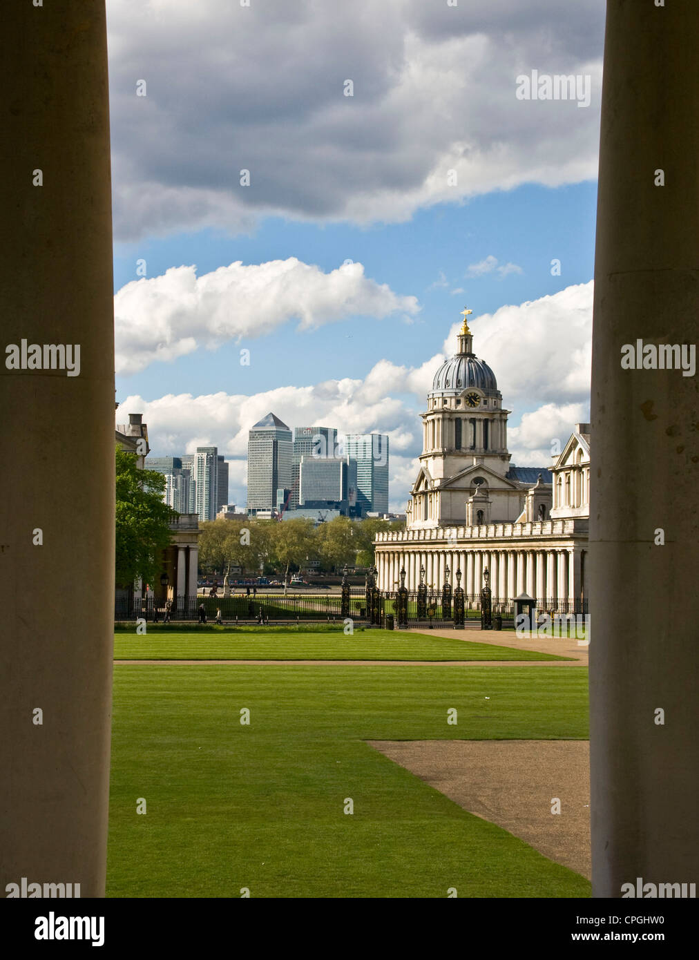 Old royal Naval College Greenwich a UNESCO world heritage site and Canary Wharf business district London England Europe Stock Photo