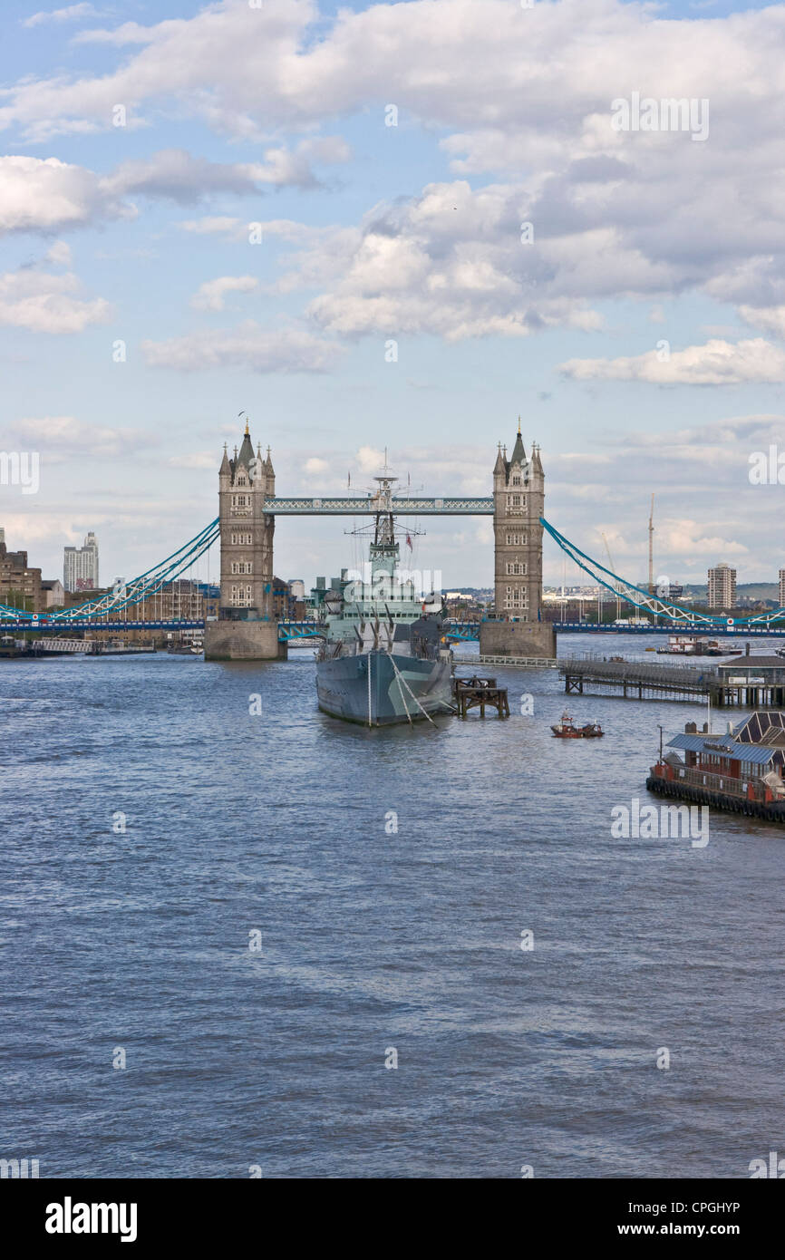 River Thames panorama vista view scene with grade 1 listed Tower Bridge and museum ship HMS Belfast London England Europe Stock Photo