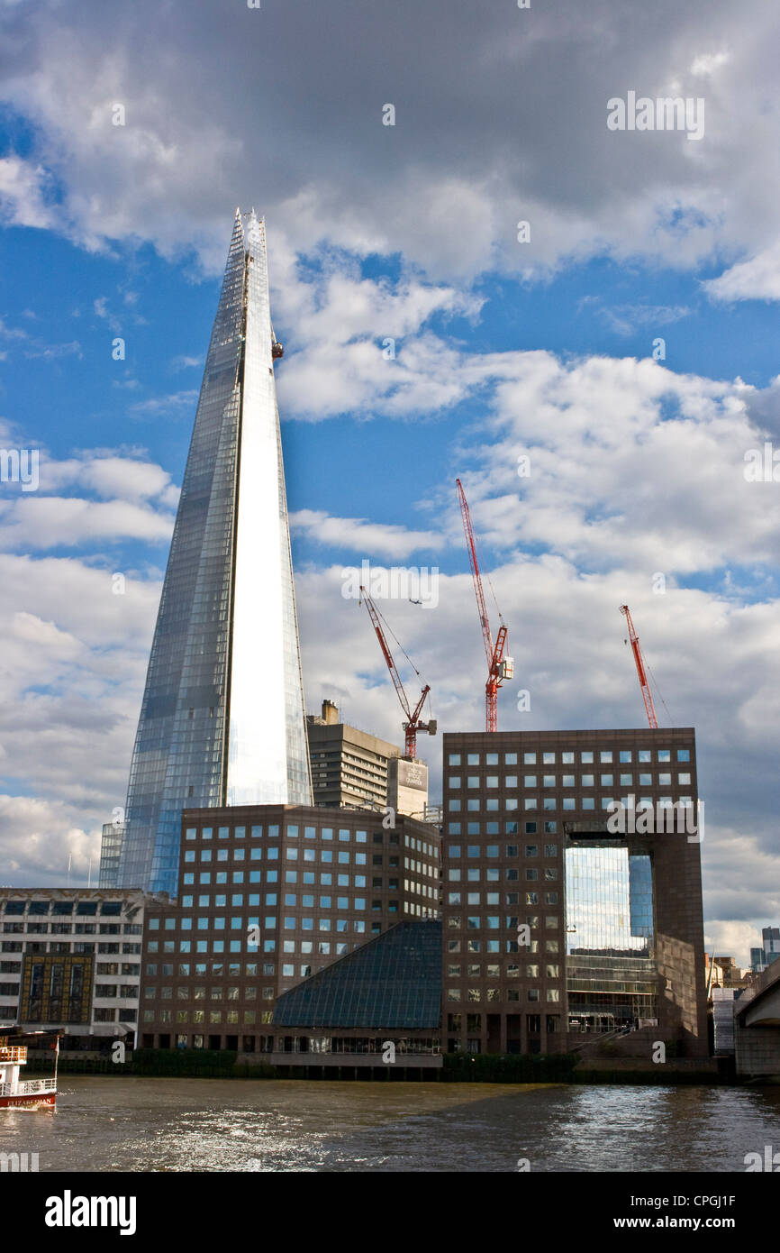 View of the Shard futuristic modern skyscraper architecture by Renzo Piano on river Thames South Bank London England Europe Stock Photo